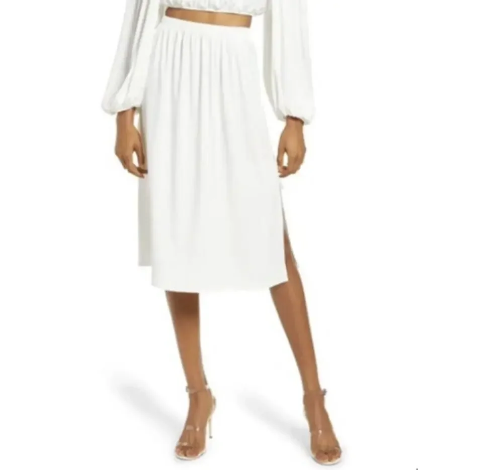 BLACK HALO Women White Kyree Side Slit Midi Skirt Size 12 Elastic Waist Stretch